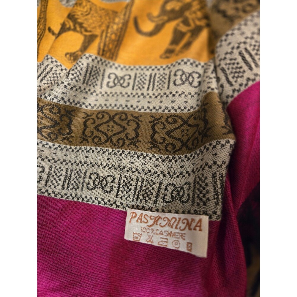 Pashmina Cashmere Shawl Wrap Scarf Pink Gold Black Fringe Elephants - Picture 5 of 6
